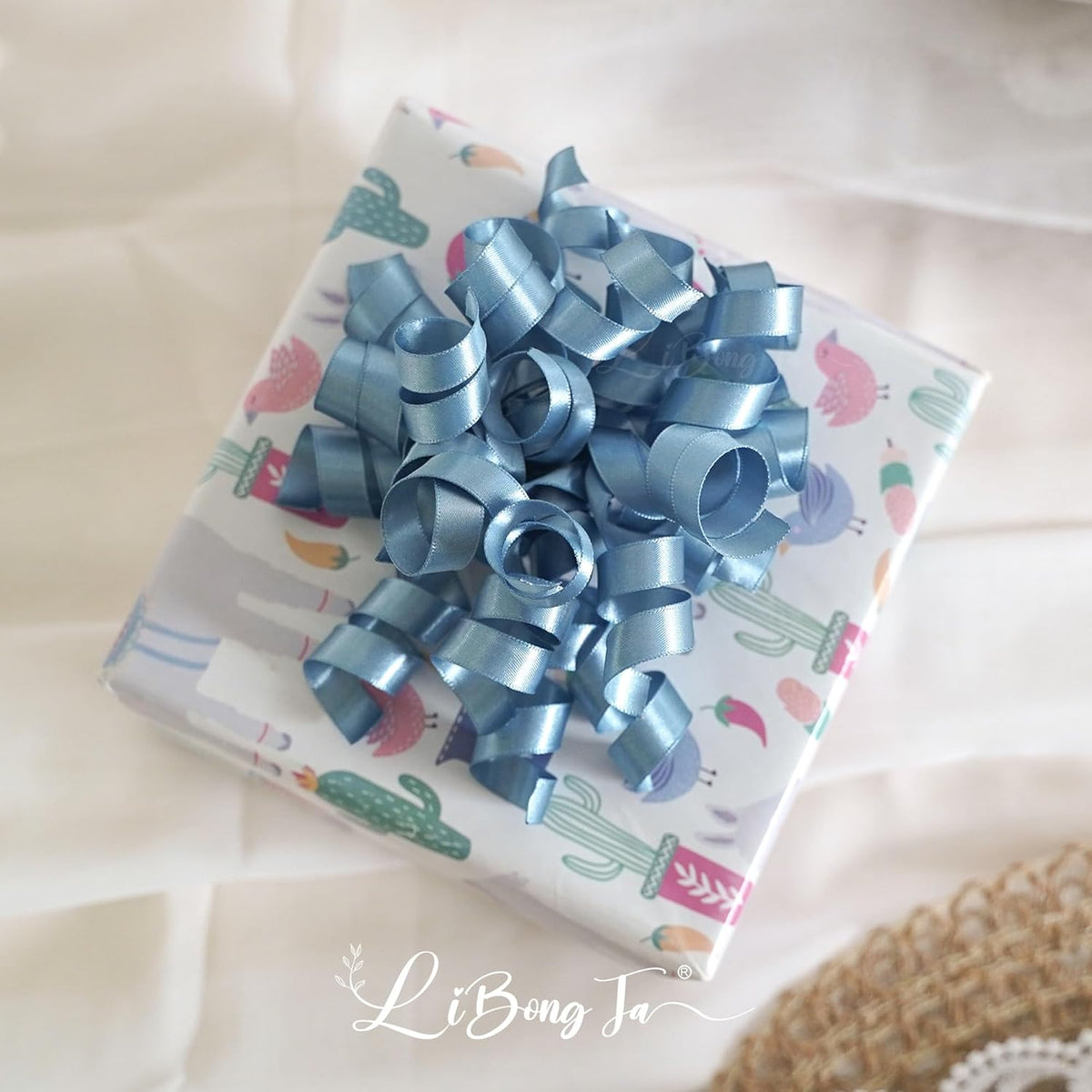 5'' Dusty Blue Bows Curly Ribbon Bows for Gift Wrapping, Satin Bows with Double-Sided Tape, Self