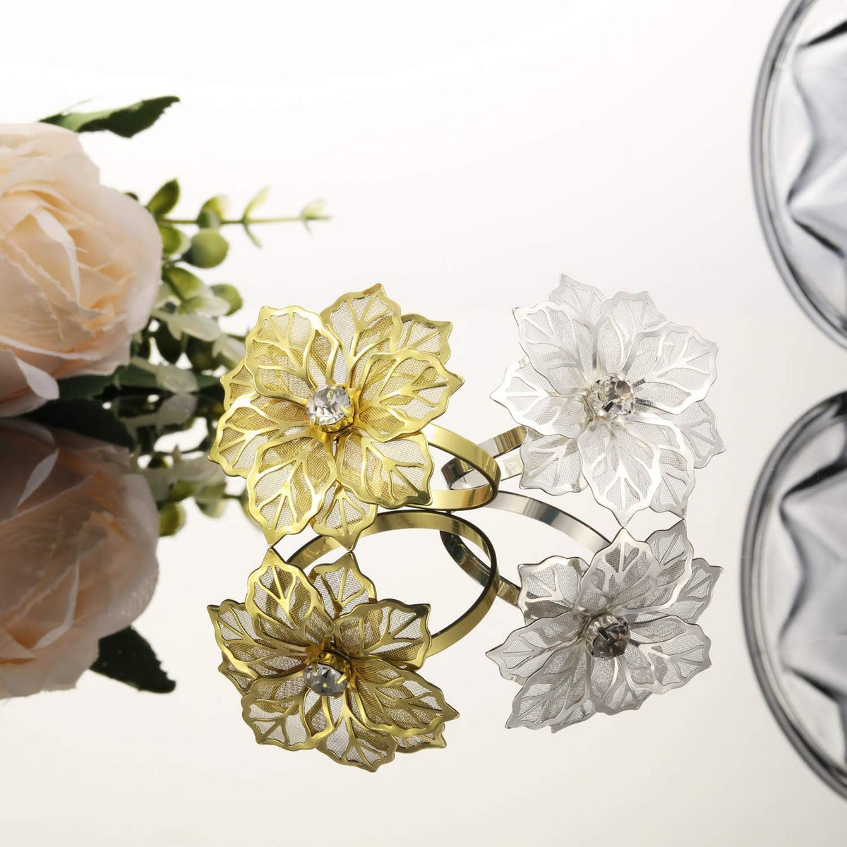 Hotop 12 Pcs Hollow Out Flower Napkin Rings Fall Napkin Ring Holder Metal Serviette Buckles Set for