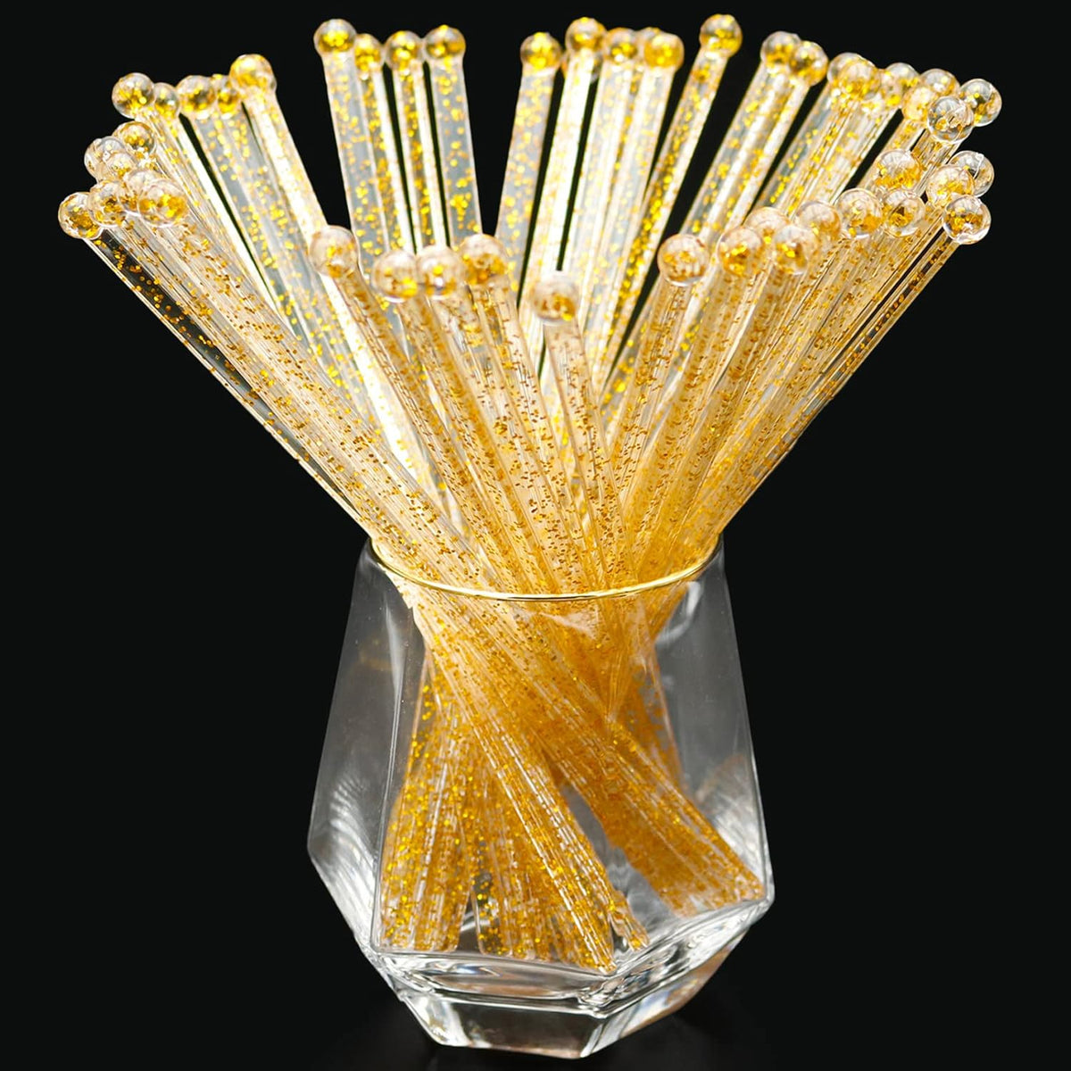100-PCS Gold Glitter Plastic Swizzle Sticks, Crystal Cake Pops, Cocktail Coffee Drink Stirrers