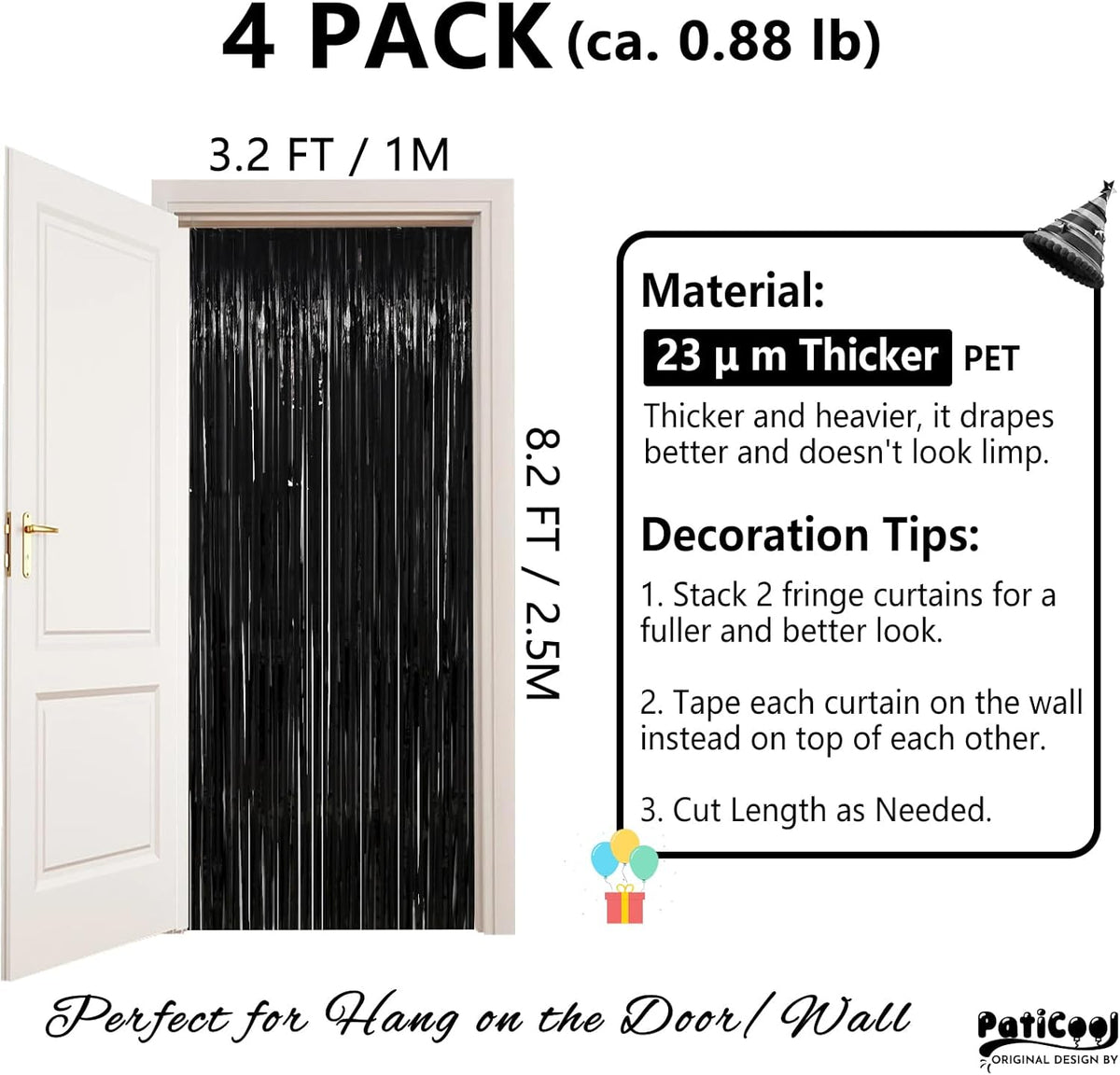 Black Streamers Party Decorations - Thicken 4 Pack 3.2 x 8.2 FT - Black Tinsel Foil Fringe Backdrop