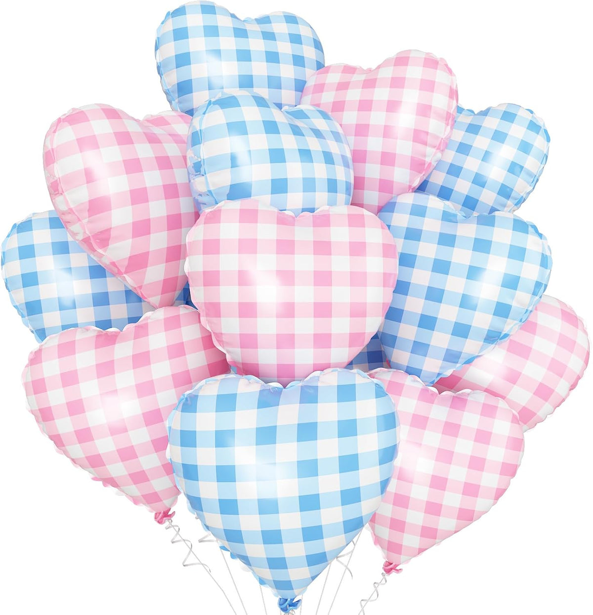 Pink Blue Checkered Heart Balloons,12Pcs 18Inch Blue Pink Grid Heart Shaped Foil Helium Polyester