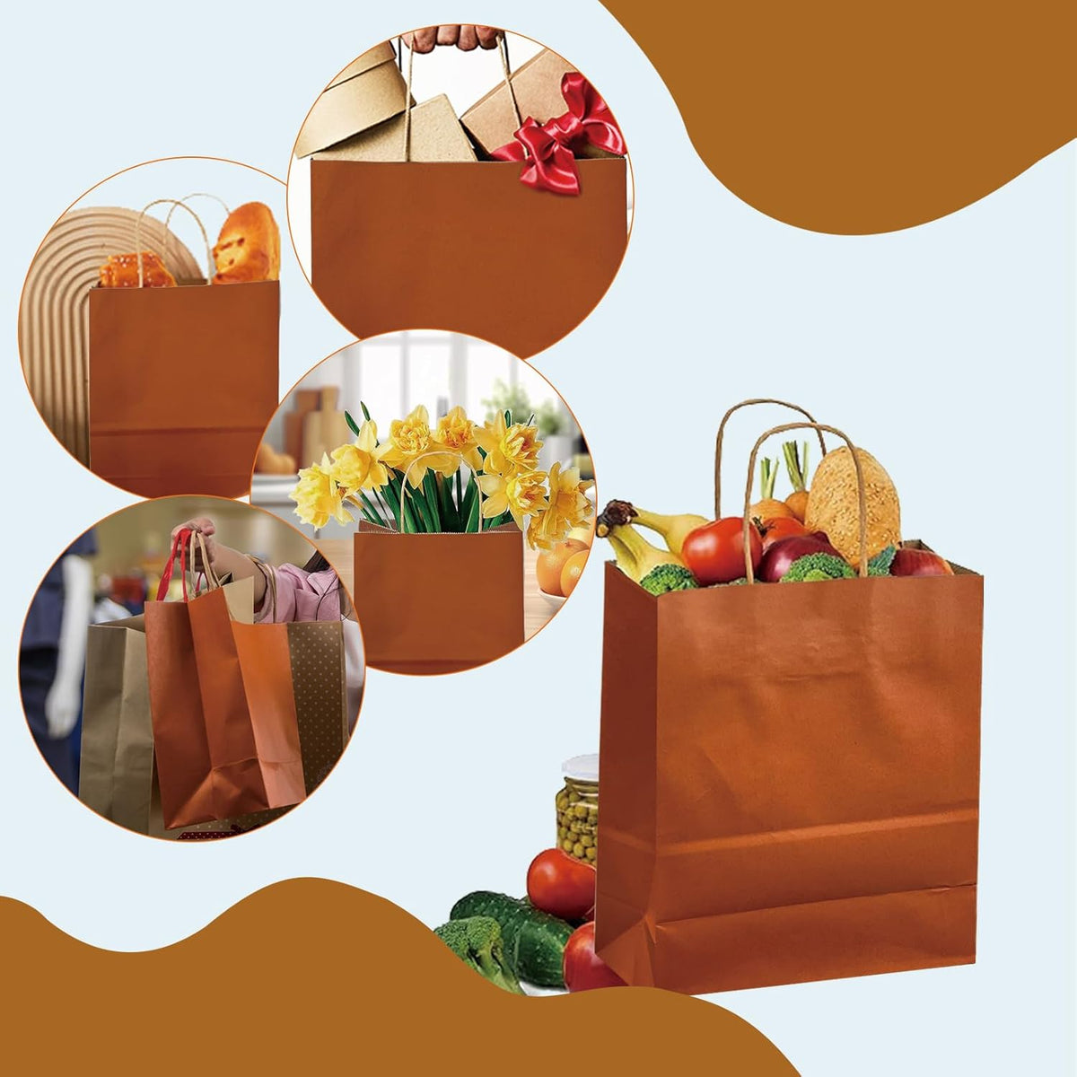 BAG BOX 25 Pack Small 5.9x3.1x8.25 Inch Orange Kraft Paper Gift Bags with Handles for Bulk