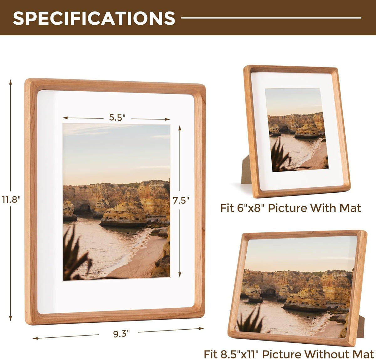 8.5x11 Picture Frame USA-Sourced Natural Cherry Wood Solid Original Wood Photo Frame Rounded Corner
