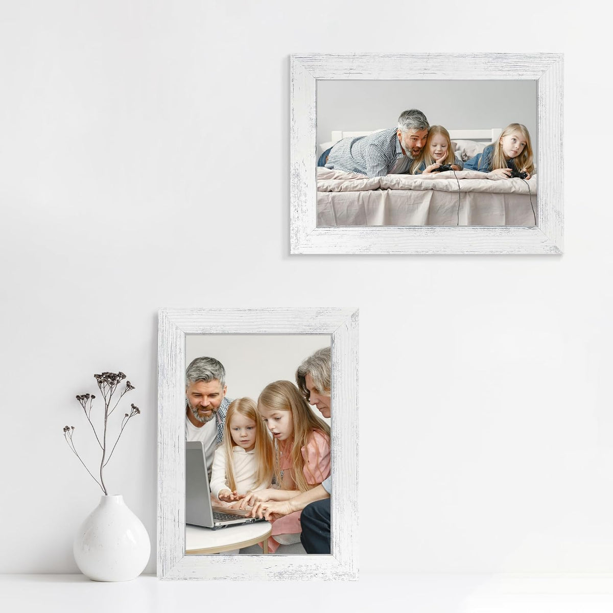 6x9 Picture Frame Set of 4, High Definition Glass Distressed White Frame, 6 x 9 Wood Photo Frames