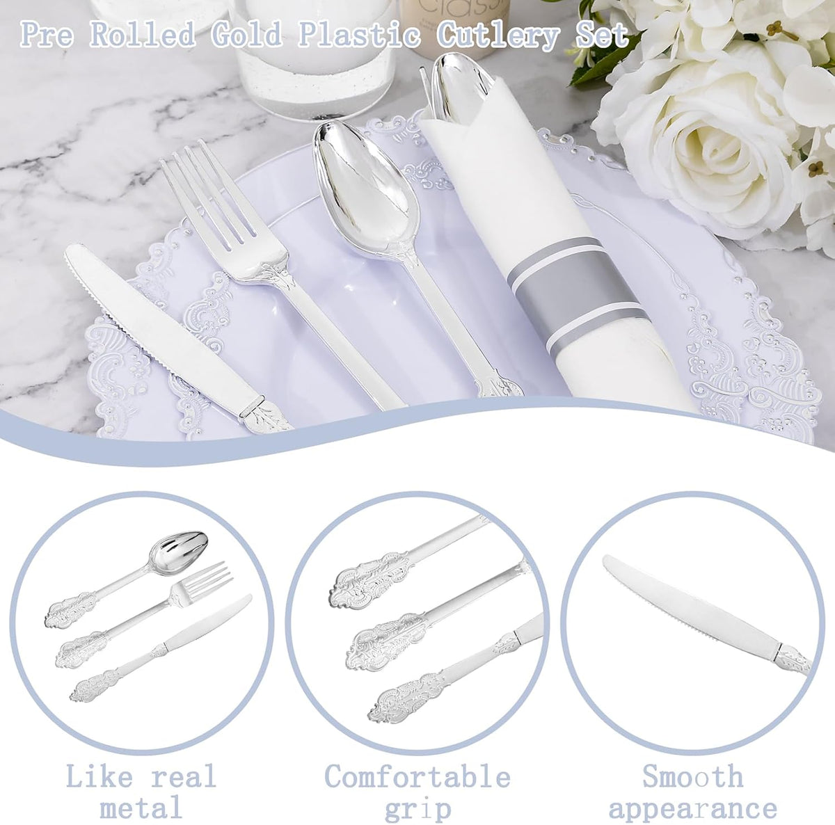 400PCS Pre Rolled Silver Plastic Silverware Sets - Heavy Duty Fancy Silver Cutlery - Include 100