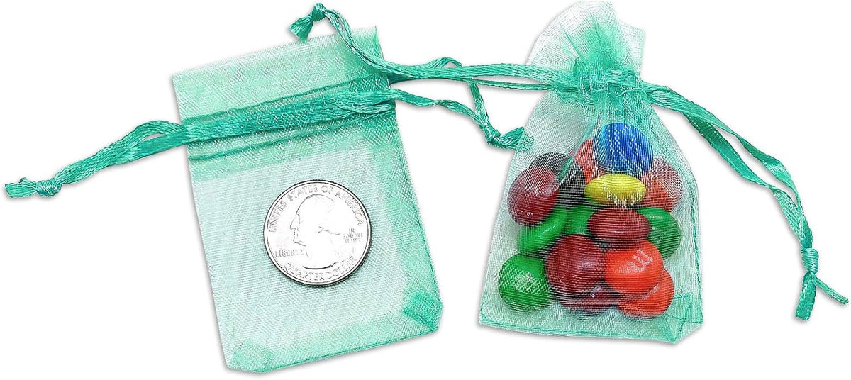 TheDisplayGuys 100-Pack XS XS 2x2 3/4" Teal Sheer Organza Gift Bags with Drawstring, Jewelry Candy