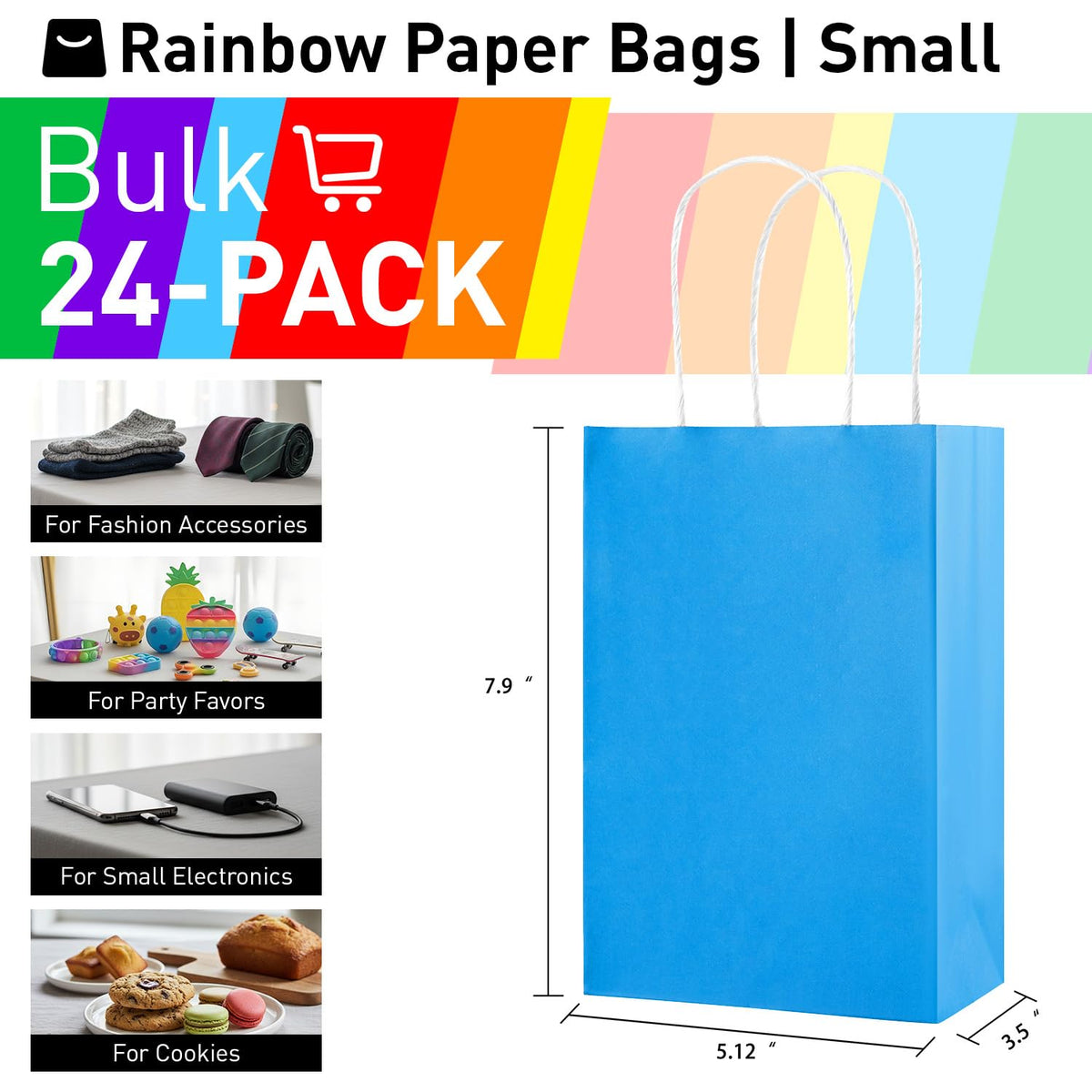 SUNCOLOR 24-Pack Rainbow Gift Bags with Handles, 8" Multi-Color Paper Party Favor Bags for Goodies.