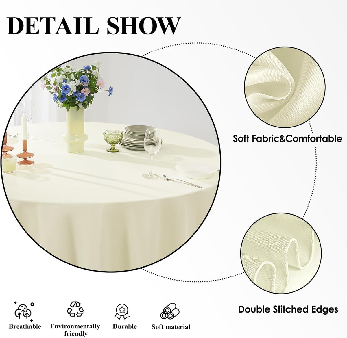 Round Tablecloth 6 Pack 90 Inch Ivory Tablecloths Washable Decorative Linen Polyester Table Clothes