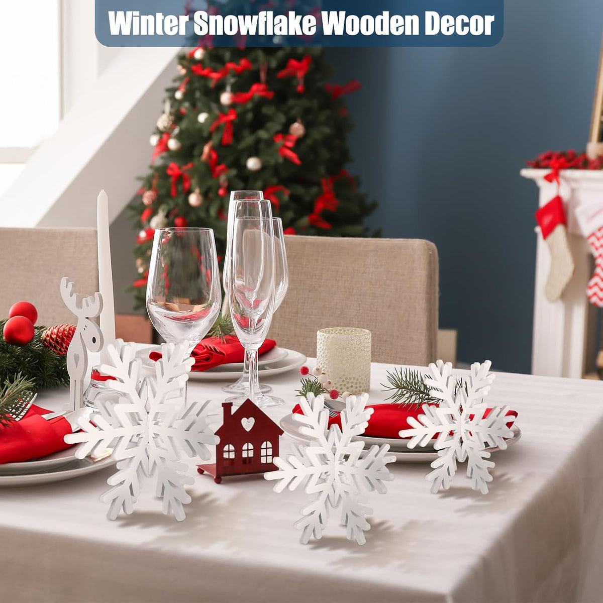 Qunclay 20 Pcs Wooden Snowflake Decorations 3D Snowflake Tabletop Decor Christmas Signs and