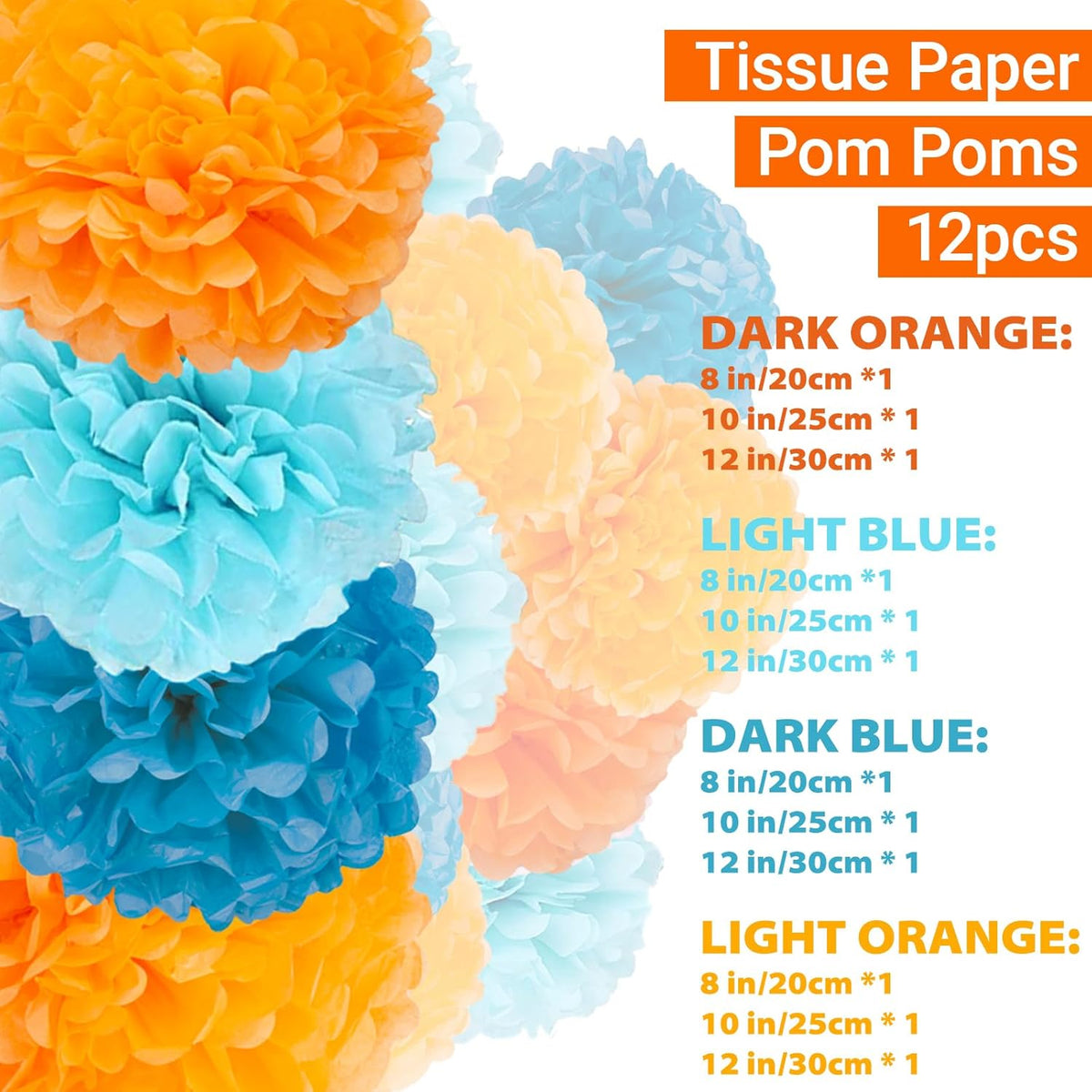 Capesaro Blue and Orange 12PCS Paper Pom Poms Party Decorations for Girl Birthday College