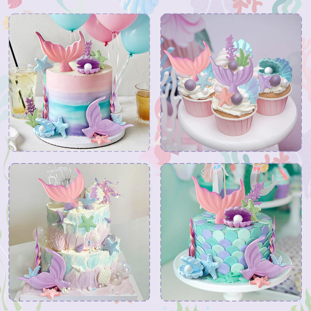 21pcs Mermaid Cake Topper - Mermaid Tail Cake Decorations with Seaweed Shells Starfish Coralal
