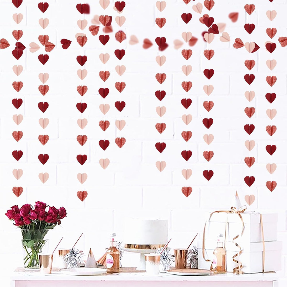 Rose-Gold Pink Burgundy-Red 3D-Heart Garland - 39Ft Party Decorations Hanging Paper Streamers