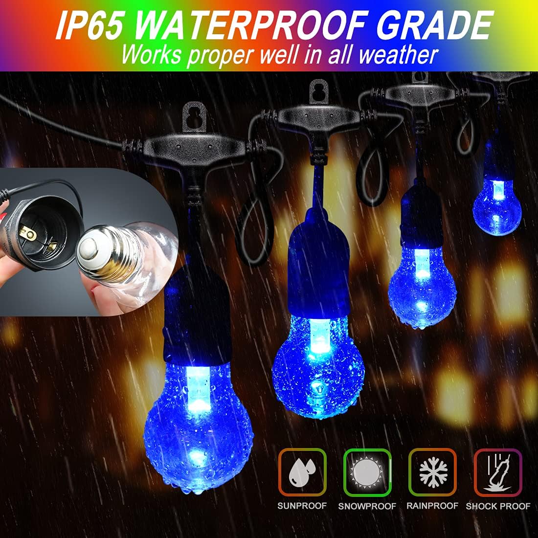 96FT Solar Outdoor String Lights, 30 Shatterproof Edison Bulbs, Dimmable Color Changing RGB LED