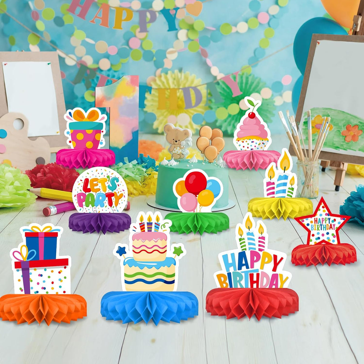 Happy Birthday Decorations Set - Colorful Themed Honeycomb Centerpiece, Table Decoration for Kids'