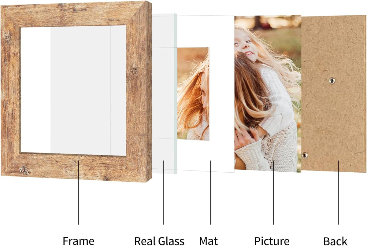 6x6 Picture Frame Set of 4 with Real Glass, Rustic Brown Frames Display 4x4 Picture with Mat or 6 x