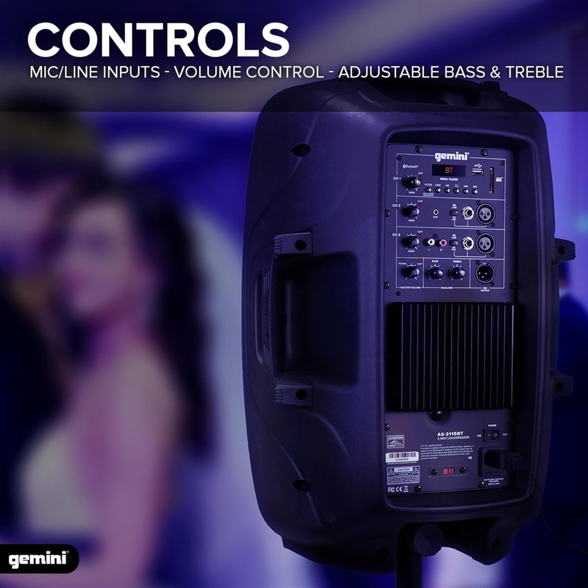 Gemini 15” 2000W Bluetooth PA Speaker with TWS Link, USB/SD/FM, XLR/RCA/AUX Inputs, Dual Mic &