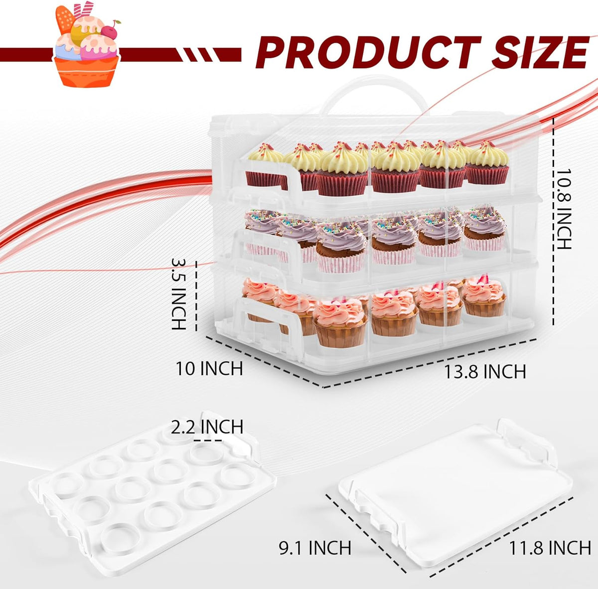 Cupcake Carrier, 3-Tiers Cupcake Containers, Holds 36 Cupcakes or 3 Large Cakes, Cupcake Holder