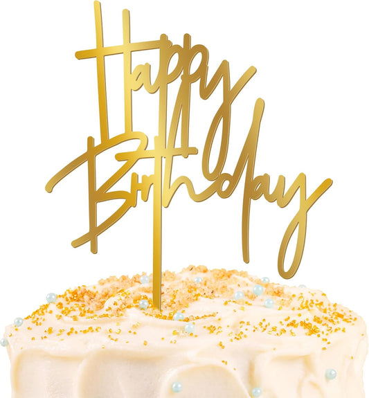 1PCS Gold Birthday Cake Topper, 5.3 x 7.2 Inches Acrylic Happy Birthday Cake Sign, Glitter Mirror