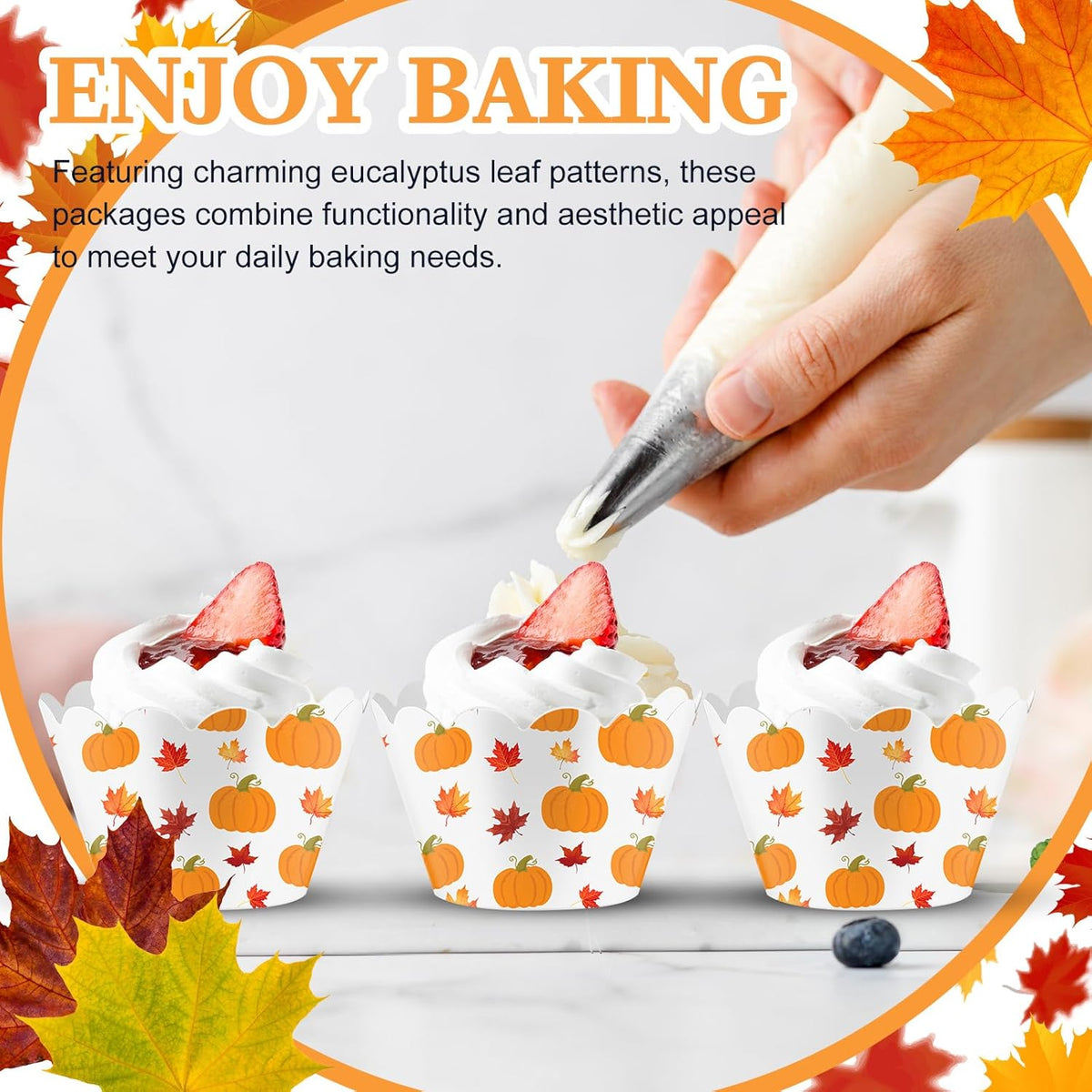 Domensi 100 Pcs Fall Pumpkin Maple Leaf Cupcake Wrappers Rustic Cupcake Liners Thanksgiving Baking
