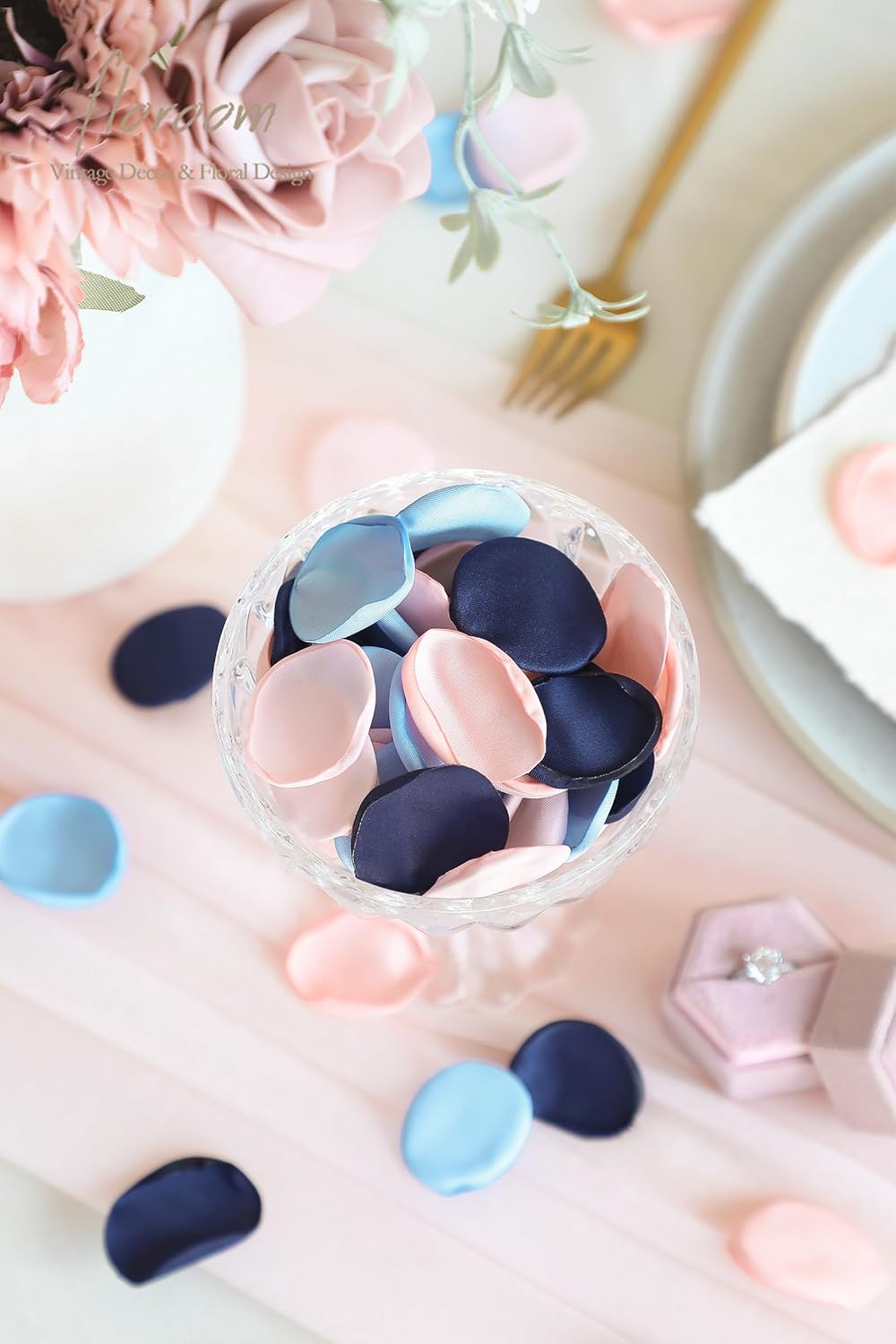 Floroom 300pcs Rose Petals Navy Blue Blush Faux Silk Flower Petals for Wedding Flower Girl Basket