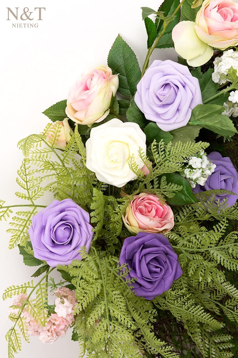N&T NIETING Artificial Flowers 50Pcs Fake Foam Rose Purple Flowers with Stems Lavender for DIY