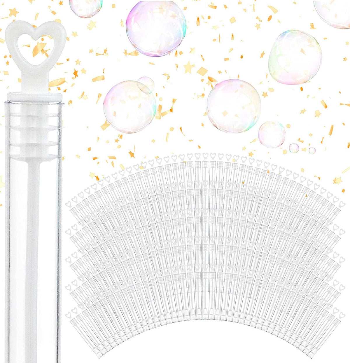 Wedding Bubbles Bulk - White Heart Top Wands (100 Count) Individual Mini Bubble Wand Favors for