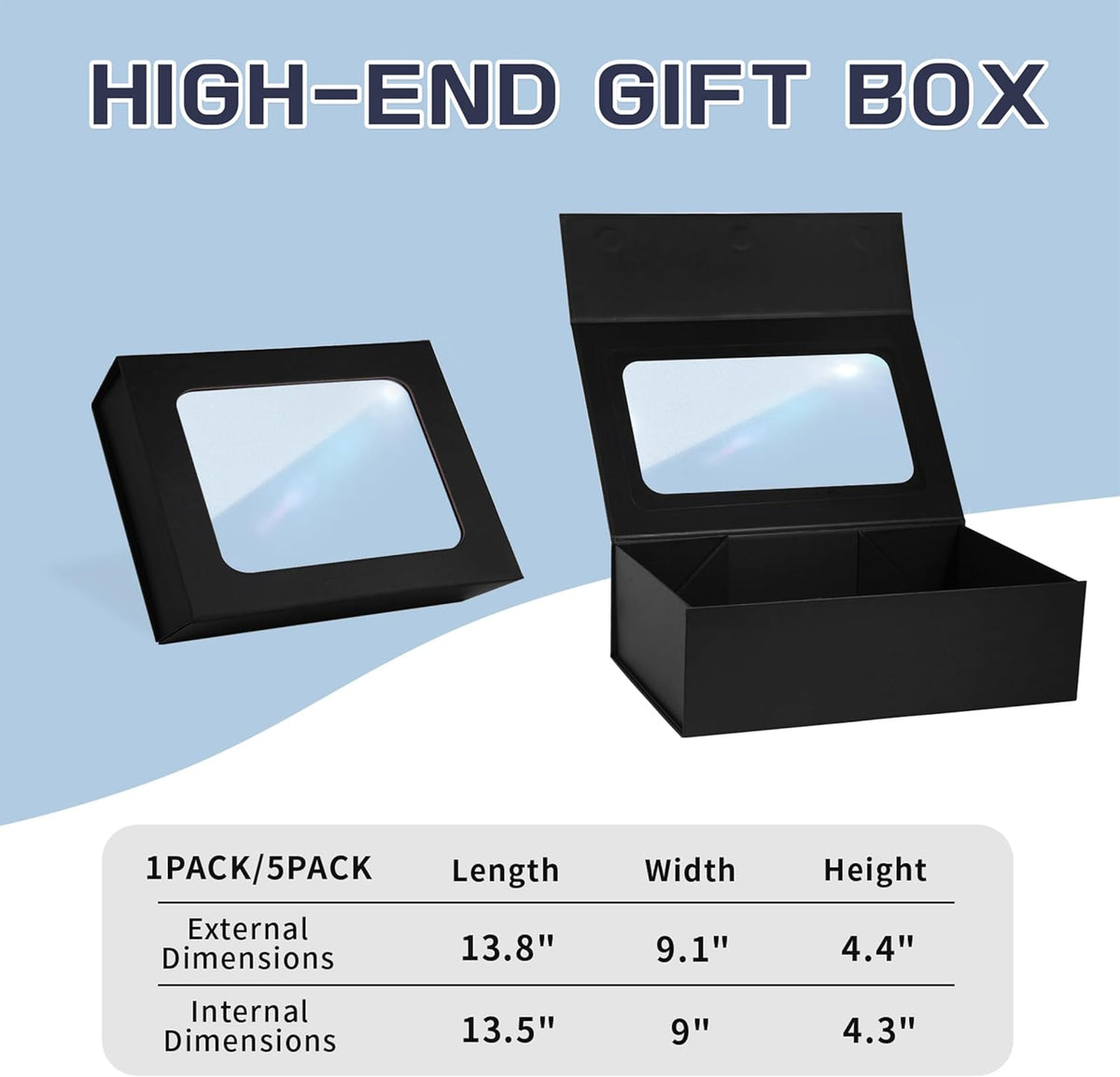 TIACABO Black Large Gift Box with Window, 13.5"x9"x4.3" Bridesmaid Boxe for Gifts Giving,Birthday