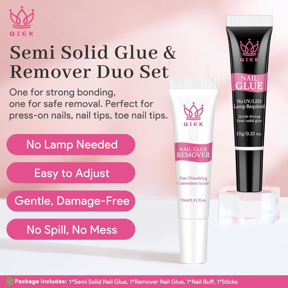 No-Lamp Nail Glue & Remover Set for Press Ons, 10ml Quick Dry 28 Days Super Strong Hold Glue on