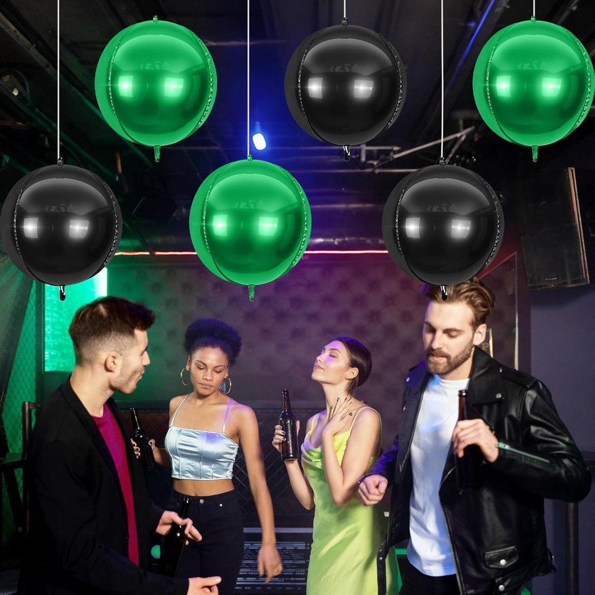 6Pcs Black Green Round Foil Balloons,Giant 4D Round Ball Balloon,22 Inch Metallic Black Green