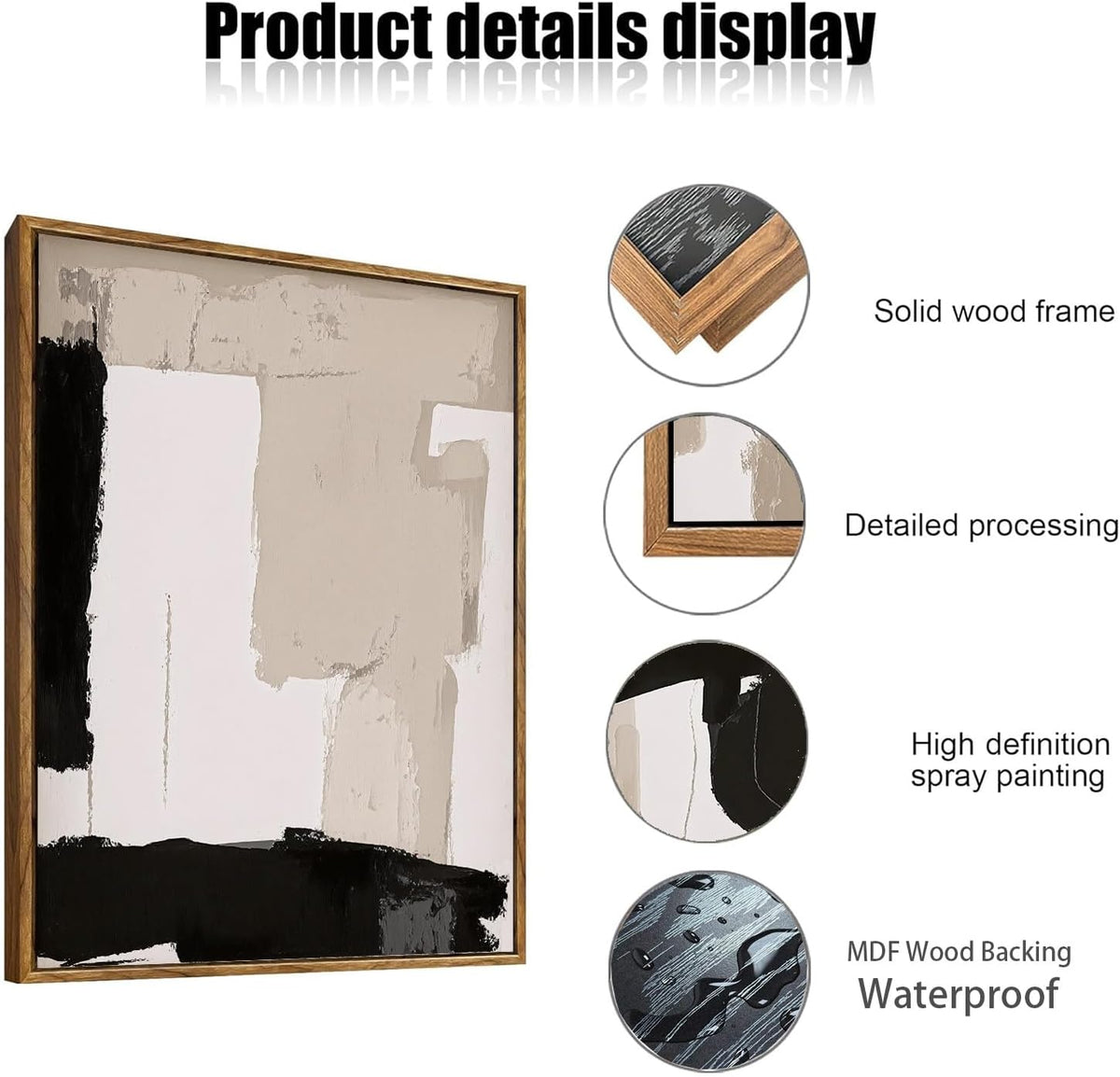 myusuar 3 Piece Large Modern Abstract Canvas Framed Wall Art For Living Room, Black And Beige
