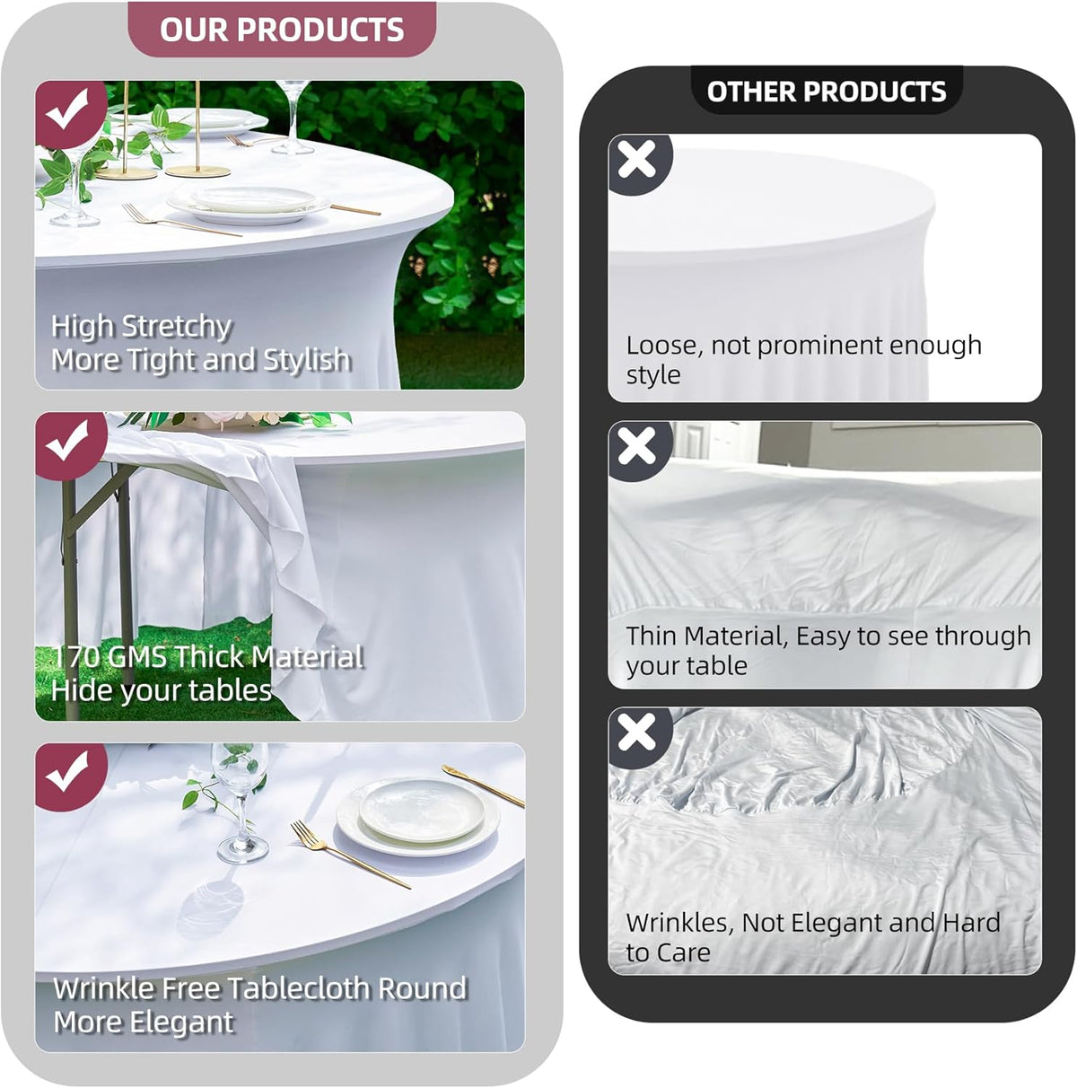2 pk White Round Spandex Tablecloth for 60in Tables, Wrinkle Free Stretchy 120inch Fitted 5FT Table