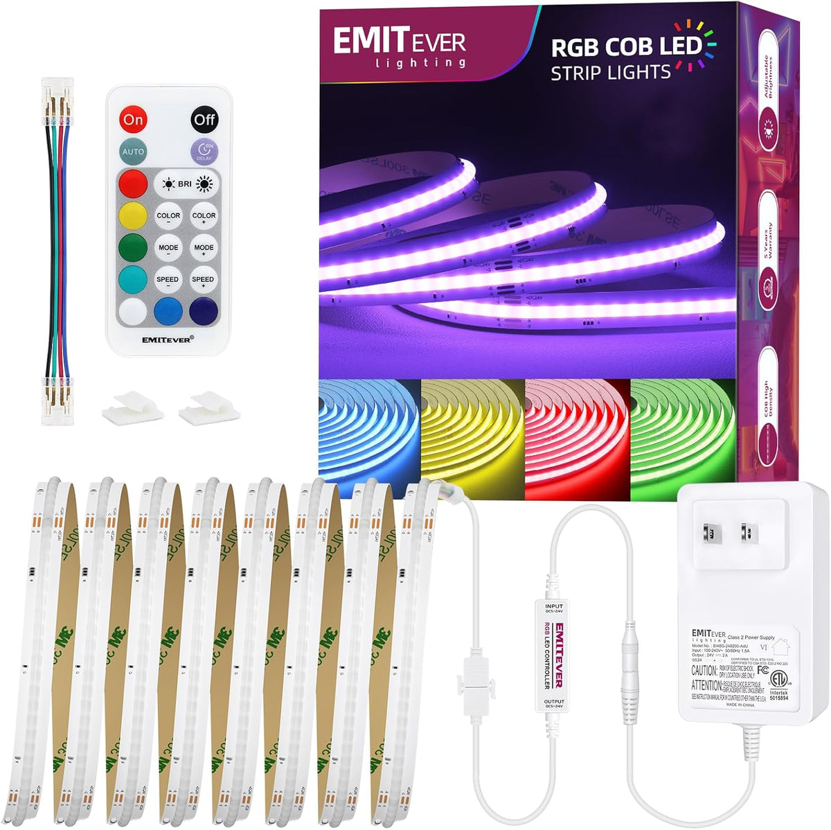 EMITEVER RGB LED Strip Light 16.4ft, Dimmable COB 24V Flexible LED Color Changing Tape Light Kit