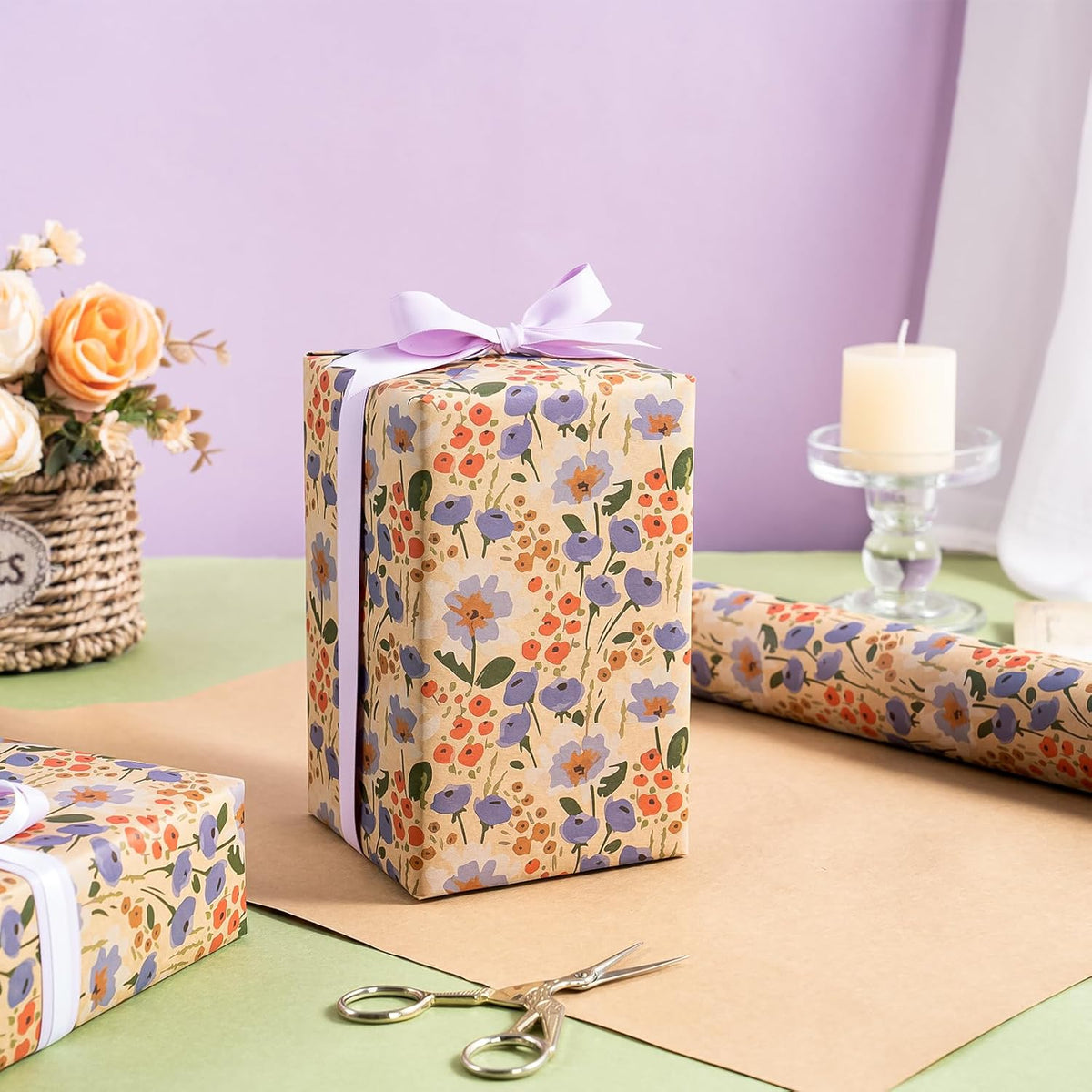 WRAPAHOLIC Kraft Floral Wrapping Paper Roll - Mini Roll - 17 Inch x 33 Feet - Watercolor Flower