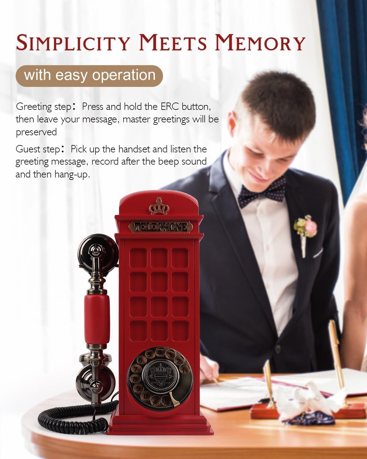 Audio Guest Book Wedding Phone with Vintage Phone Booth Design, Record Customized Audio Message