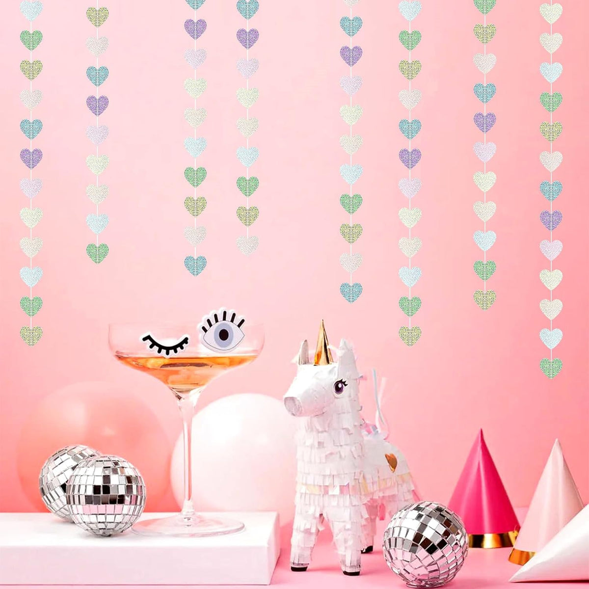 Iridescent Disco-Holographic Party-Decorations Heart Streamers-Garland - 52ft Glitter Dance Hanging