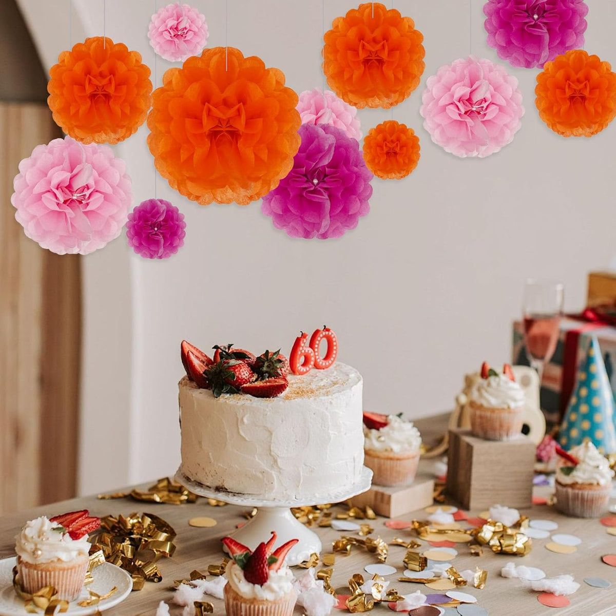 Tissue Paper Pom Poms, Pink,Orange,Fuchsia Tissue Paper Flowers, Hanging Flower Balls for Weddings
