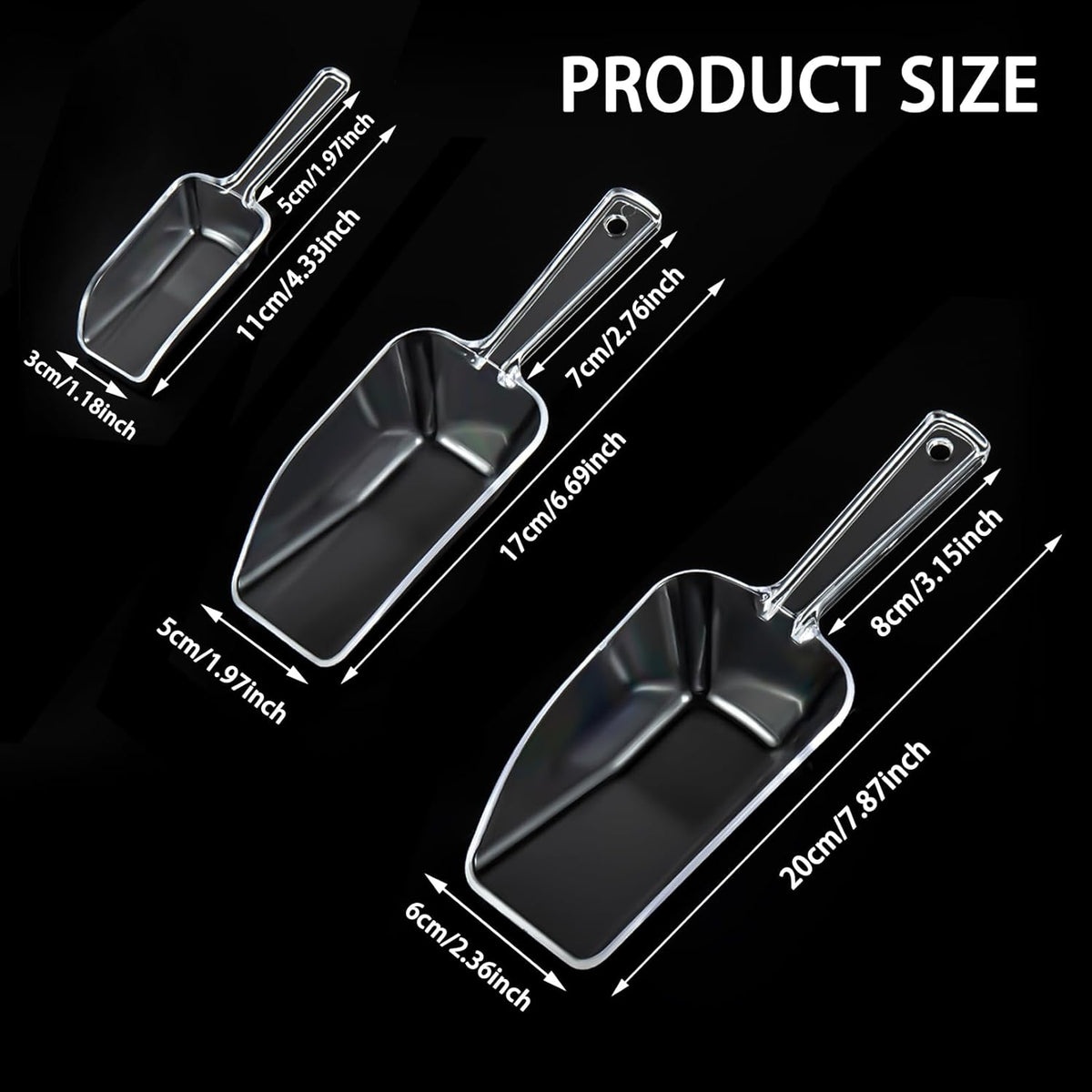 3 in 1 Clear Plastic Ice Scoop Set, Small Acrylic Serving Scoops for Candy Buffet, Canisters, Dry