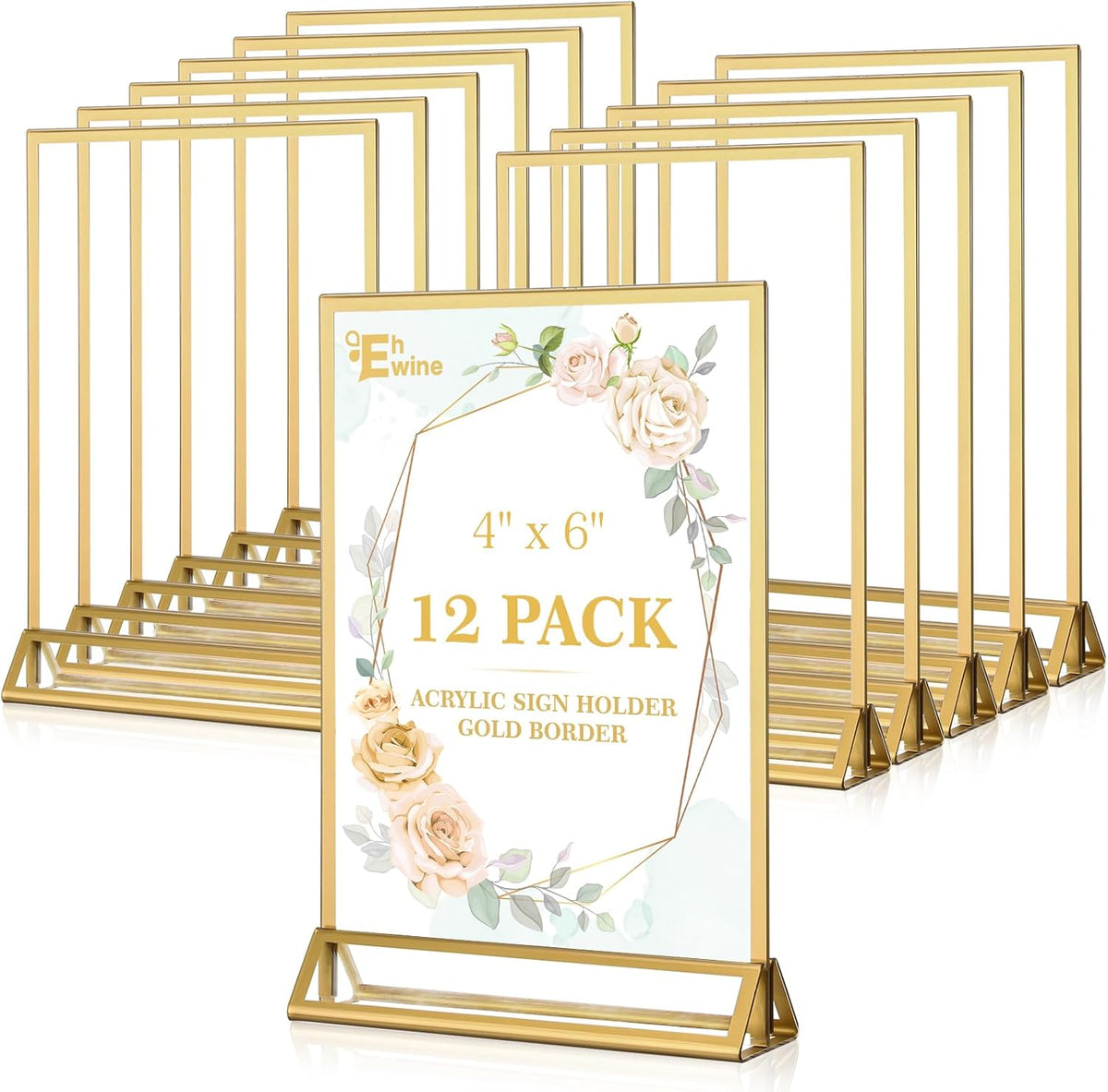 EHWINE 12 Pack Acrylic Sign Holder 4 x 6, Double Sided Gold Picture Frame Stand up Table Top Sign
