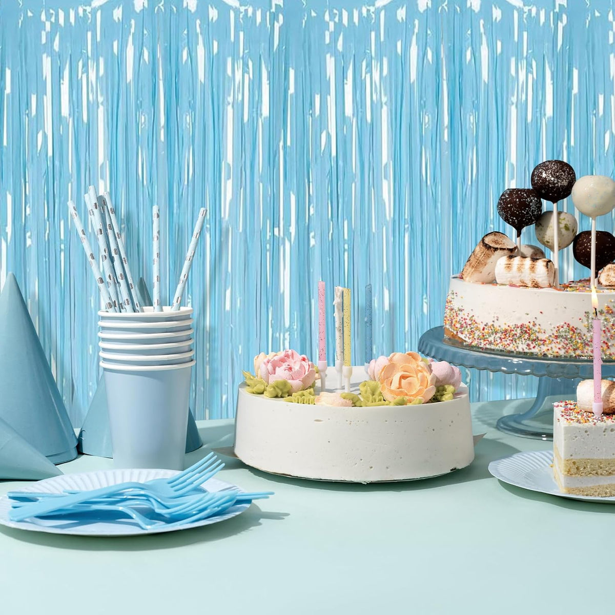 5 Pack Blue Foil Curtain Backdrop 3.2ft x 8.2ft Tinsel Foil Fringe Curtains Macaron Photo Booth