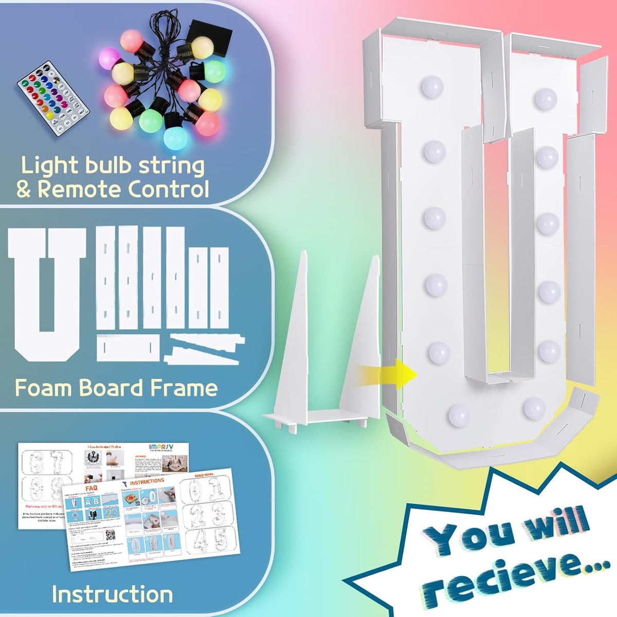 imprsv 4FT Colorful Marquee Light Up Letters U, 18 Colors Large Light up Letters Alphabet Sign with