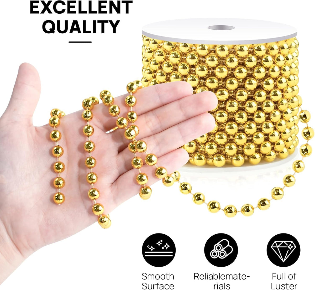 Craft String Pearls 8MM Pearl Bead, 33 Feet Gold Faux Pearl Garland Spool Roll Strand Wedding Party