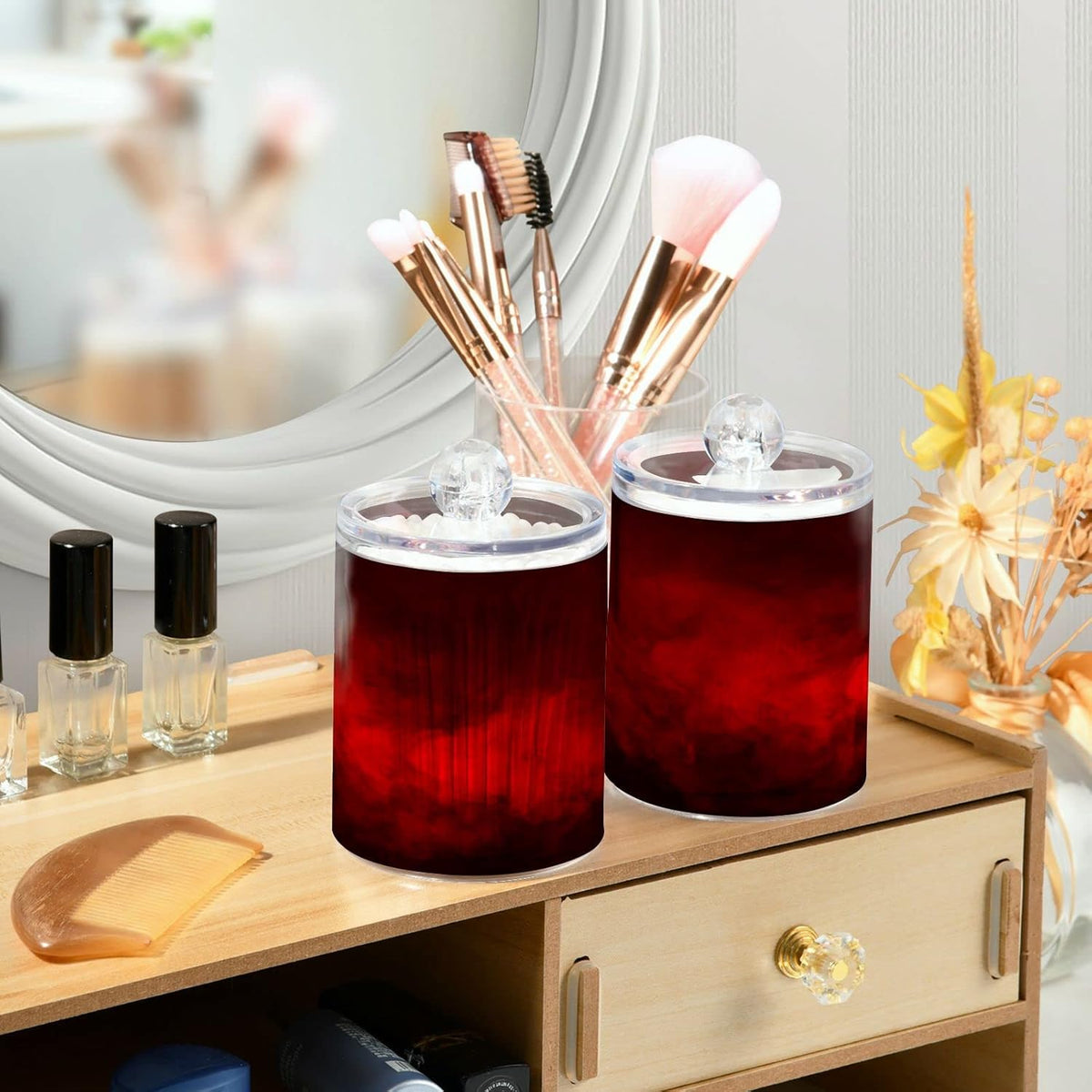 Gredecor 4 Pack Qtip Holder Clear Red Apothecary Jars with Lids Plastic Acrylic Bathroom Jars