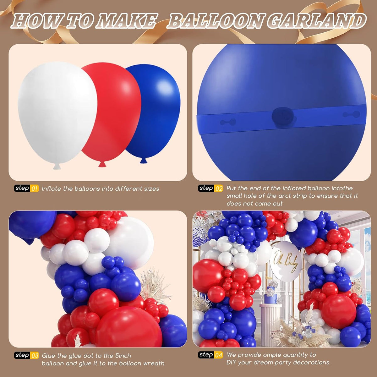 412Pcs Red White and Blue Balloons Garland Arch Kit, 5 10 12 18 inch Red White Blue Balloons for