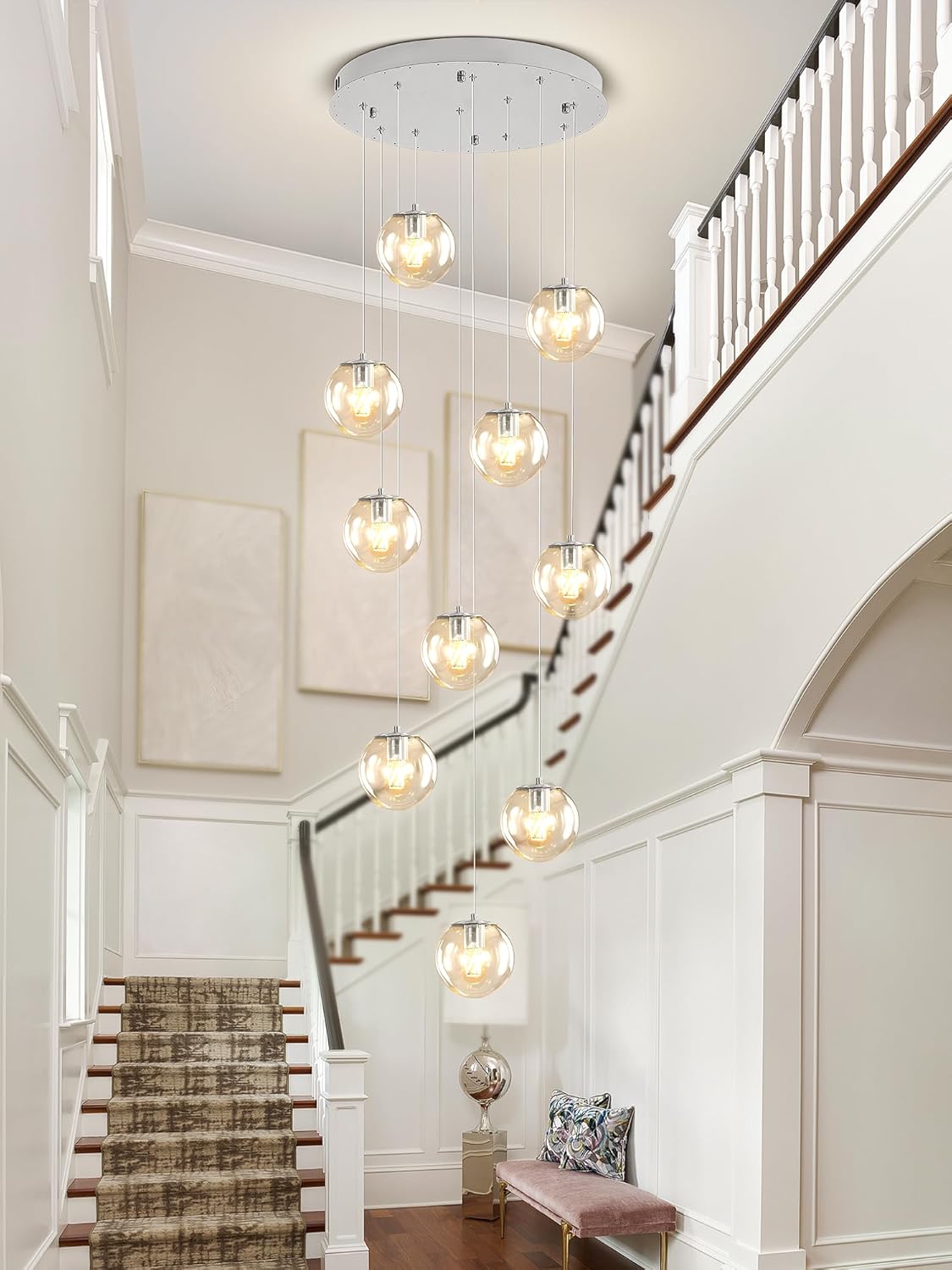 H118 Staircase Chandelier for Entryway Modern Globe Chandelier 12-Lights Glass Globe Pendant Light
