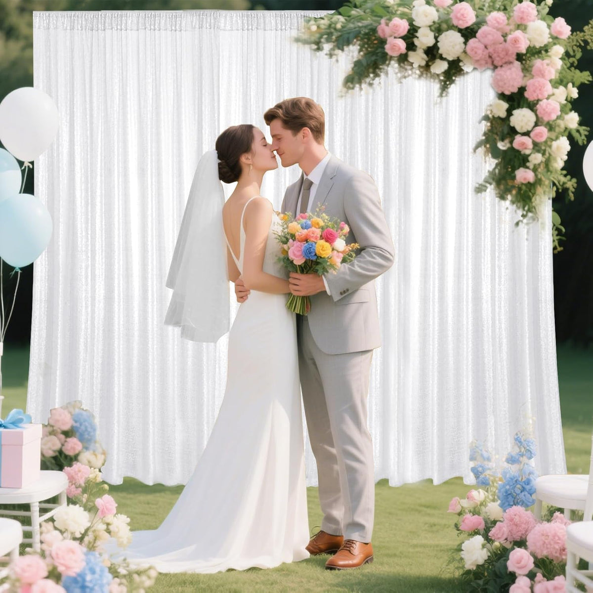 White Sequin Backdrop Curtain 2 Pieces 2FTx8FT Glitter Photography Backdrop for Party Wedding