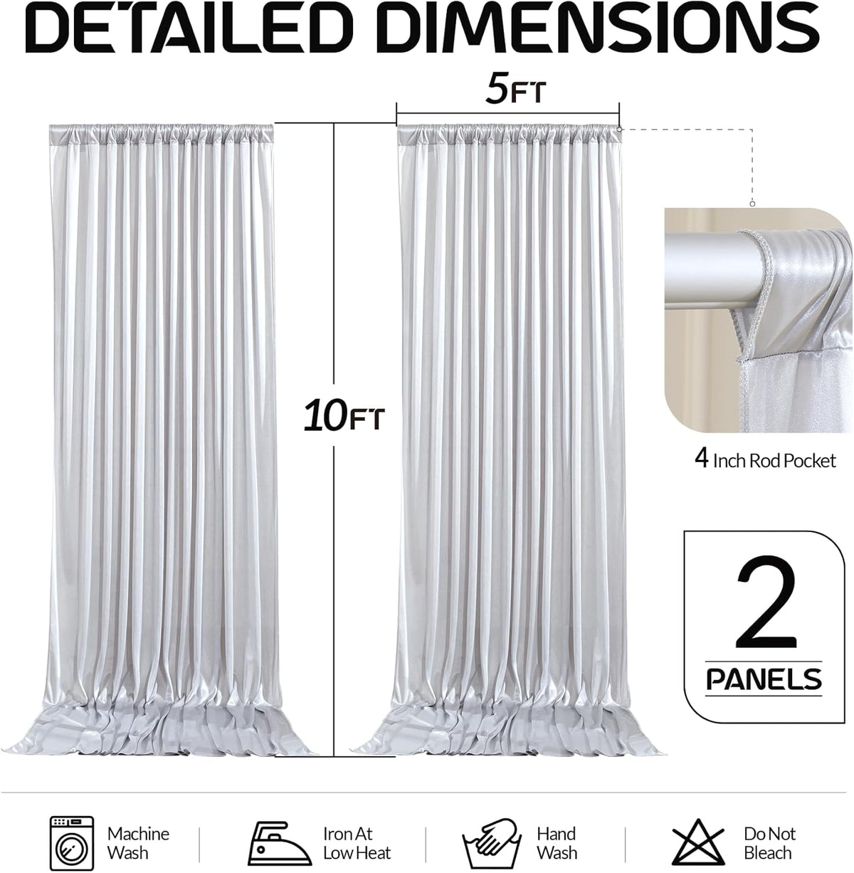 Silver Satin Backdrop Curtains 2 Panels - Glitter Photo Drapes for Baby Shower, 10x10FT Shimmer
