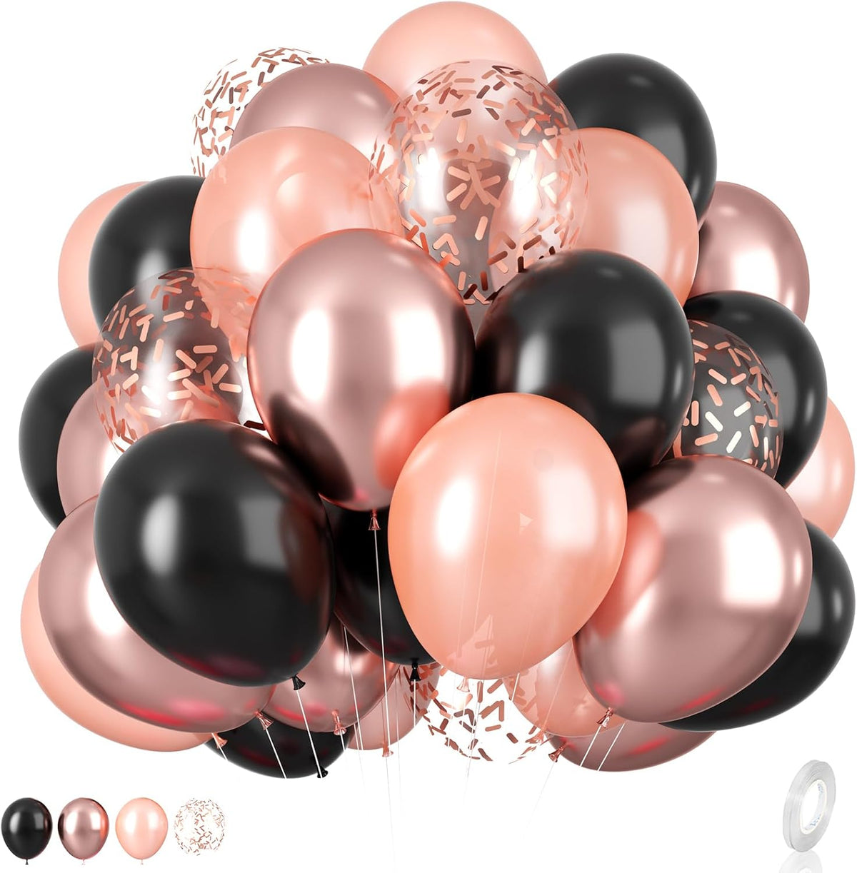 Rose Gold and Black Balloons Set, 12 inch Metallic Rose Gold Balloons Pearl Rose Gold Confetti