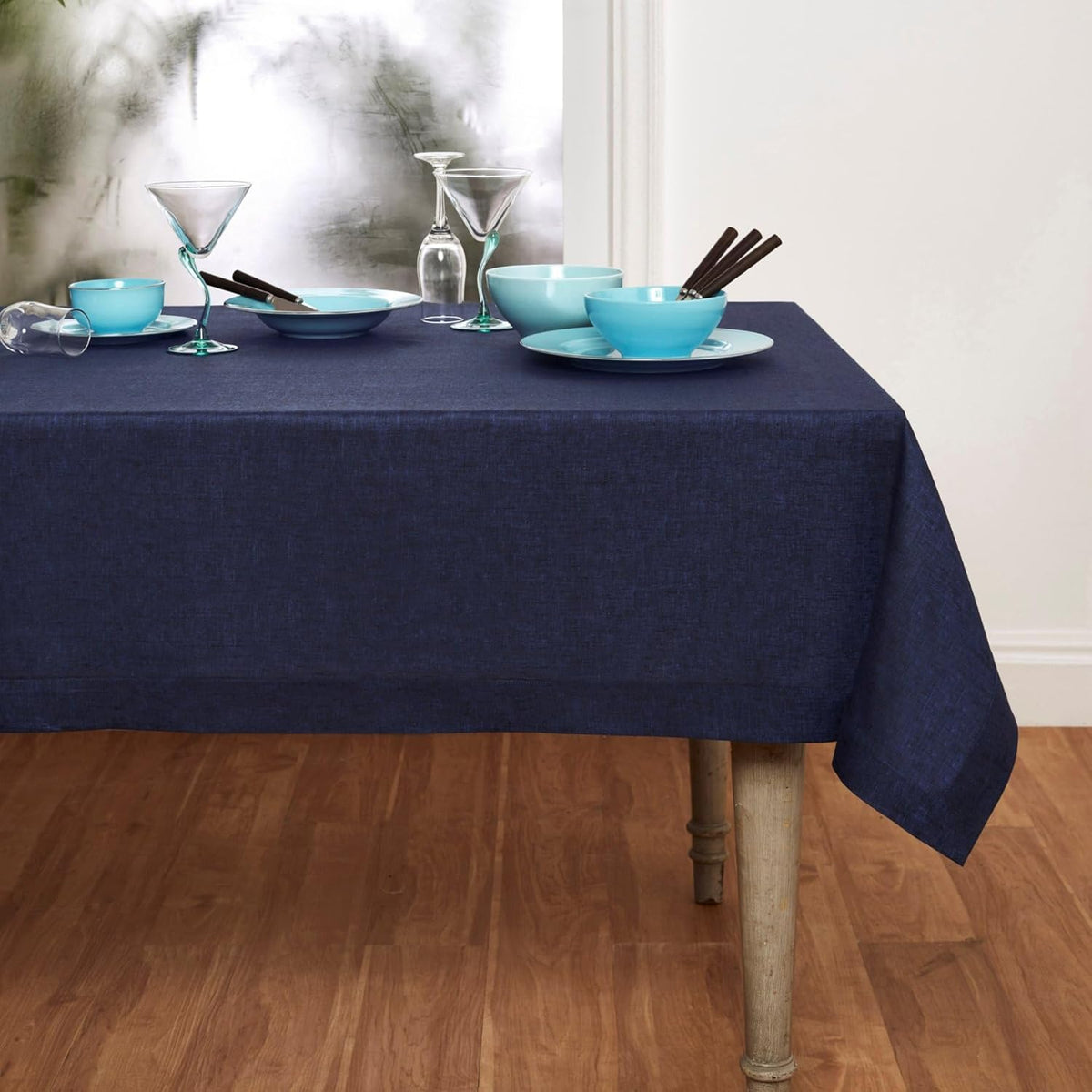 Solino Home Linen Tablecloth 60 x 120 Inch - 100% Pure Linen Chambray Navy Table Cloth for