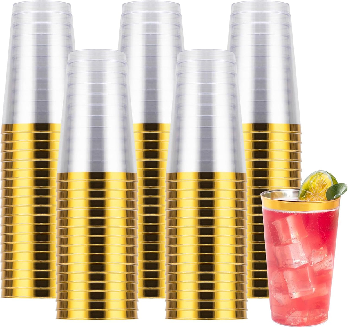 Goodluck 100PCS 14oz Gold Plastic Cups for Party, Disposable Gold Rim Cups, Plastic Cocktail