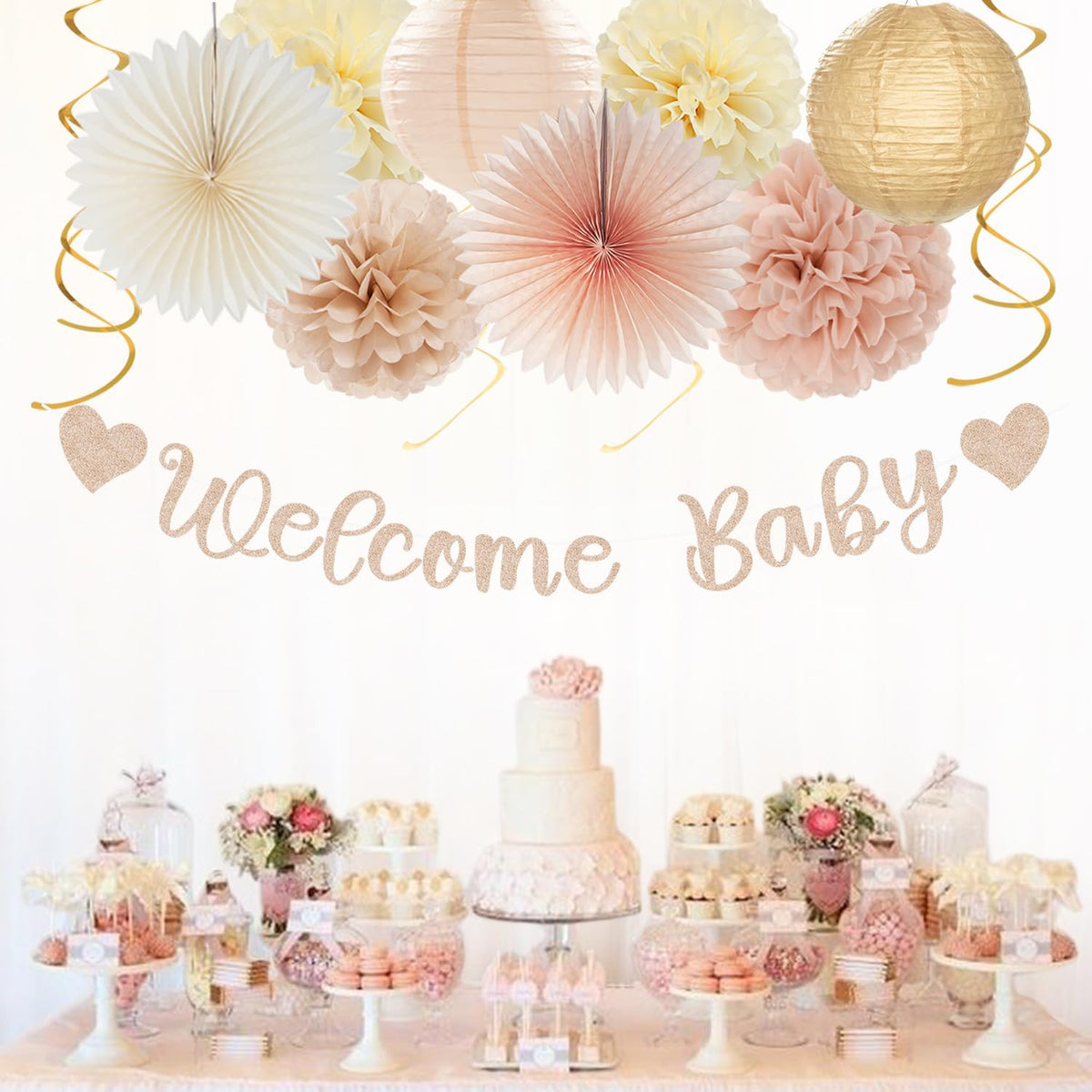 Champagne-Gold Beige Fall Baby-Shower Party-Decorations - 36pcs Welcome Home Banner Sign,Neutral
